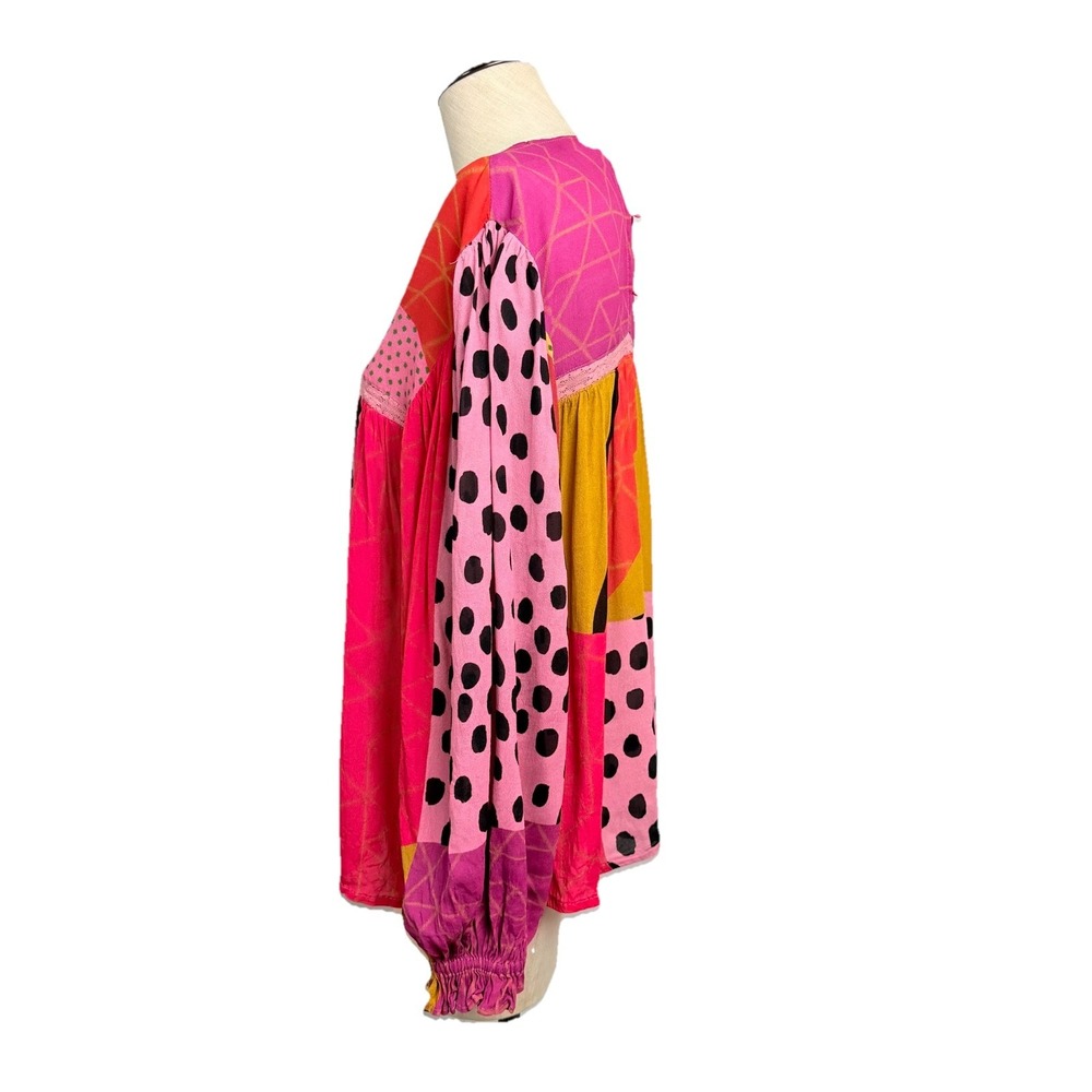 Blank London Anthro Pink Multi Polka Dot Boho ‎ Blouse S Long Sleeve Flowy Art - Picture 3 of 11